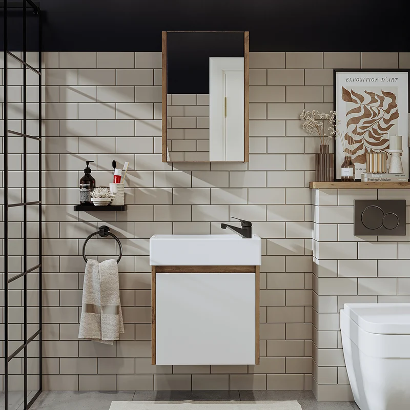 Roomart 4-teiliges Badmöbel-Set MINI, 50 cm, mit Keramikbecken, Spiegel- und Seitenschrank, in 5 Farben