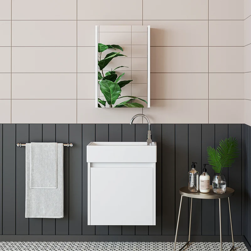Roomart 4-teiliges Badmöbel-Set MINI, 50 cm, mit Keramikbecken, Spiegel- und Seitenschrank, in 5 Farben
