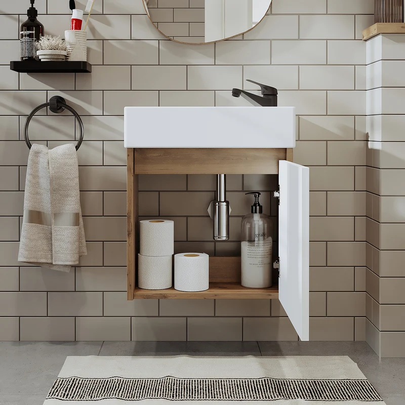 Roomart 4-teiliges Badmöbel-Set MINI, 50 cm, mit Keramikbecken, Spiegel- und Seitenschrank, in 5 Farben