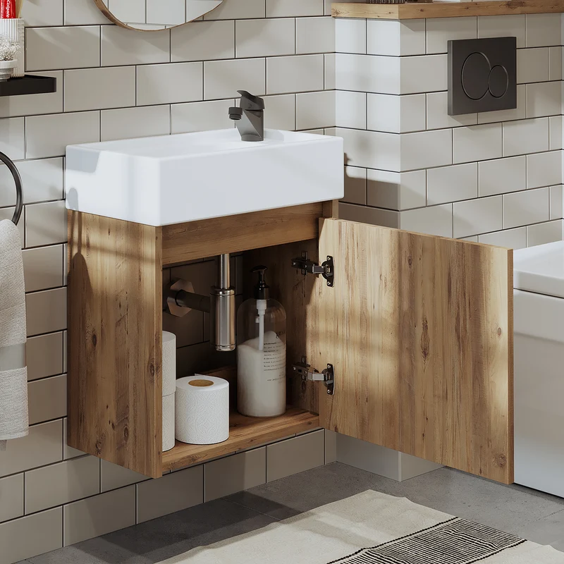 Roomart 4-teiliges Badmöbel-Set MINI, 50 cm, mit Keramikbecken, Spiegel- und Seitenschrank, in 5 Farben
