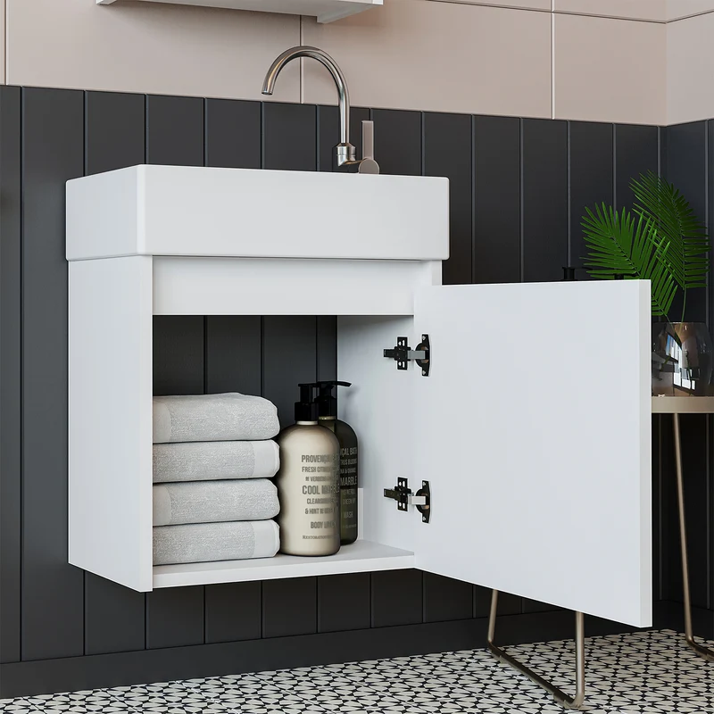Roomart 4-teiliges Badmöbel-Set MINI, 50 cm, mit Keramikbecken, Spiegel- und Seitenschrank, in 5 Farben