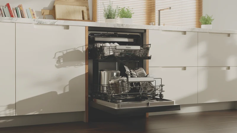 Haier 600 Series Freestanding Dishwasher, Steam, Dual Power Spray Arm, Satina