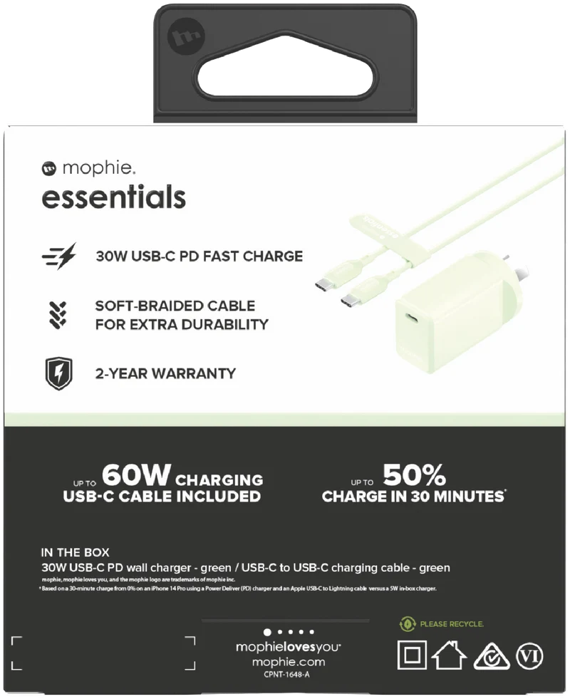 Mophie Essential 30W USB-C Wall Charger & C-C Cable Green