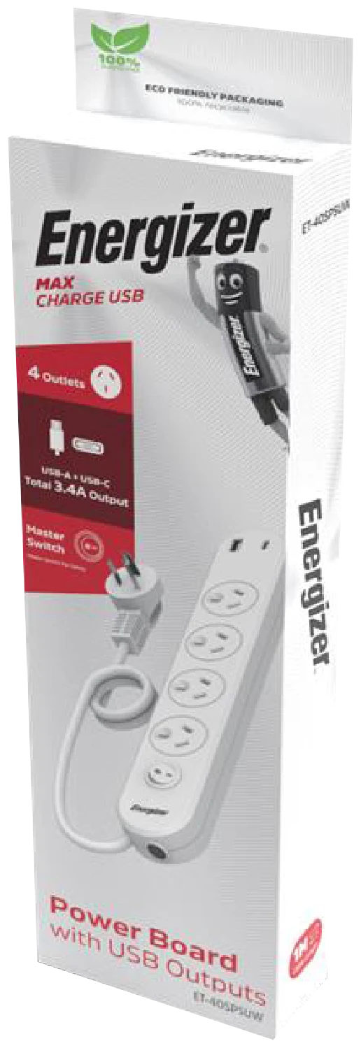 Energizer 4 Outlet Power Board with Surge Protection & 2 USB Ports