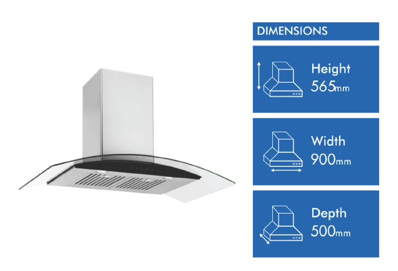 Emilia 90cm Curved Glass Canopy Rangehood, Stainless Steel