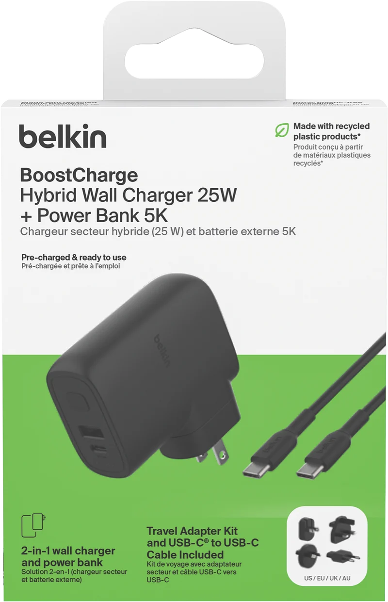 Belkin BoostCharge Hybrid Wall Charger 25W + Power Bank 5K + Travel Adapter Kit