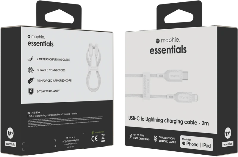 Mophie Essential USB-C-Lightning Cable Braided 2M White