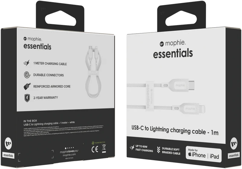 Mophie Essential USB-C-Lightning Cable Braided 1M White