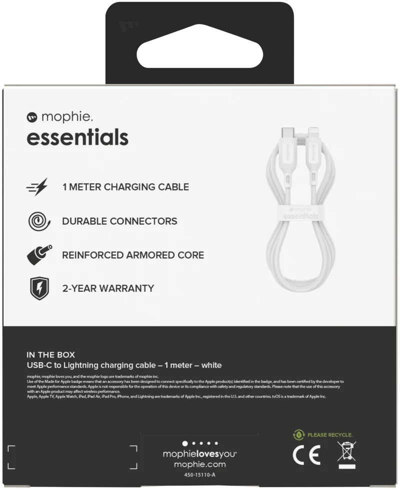 Mophie Essential USB-C-Lightning Cable Braided 1M White