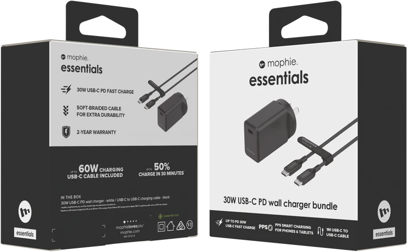 Mophie Essential 30W USB-C Wall Charger & C-C Cable Bundle Black