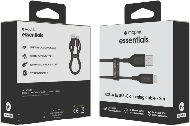 Mophie Essential USB-C-A Cable Braided 2M Black