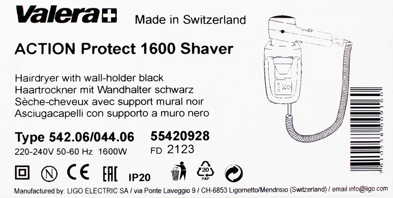 Valera 542.06/044.06 Haartrockner mit Wandhalterung Action Protect 1600 Shaver schwarz