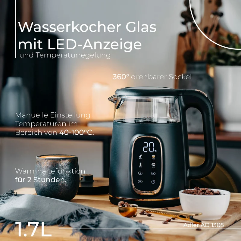 Adler AD 1305 BG black gold Wasserkocher Glas mit LED-Anzeige und Temperaturregelung 1,7L