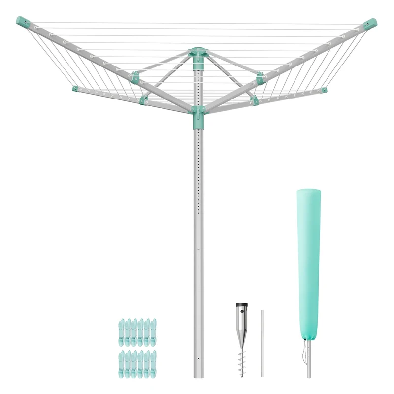 Wäschespinne, Wäscheständer, höhenverstellbar, 60 m Wäscheleine, für 6 Waschmaschinenladungen, Outdoor, Garten, mit Bodenhülse, Wäscheklammern