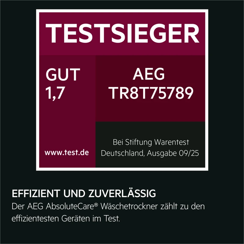 AEG TR8T75789 8000 AbsoluteCare® / 8 kg / Testsieger der Stiftung Warentest 03.2025