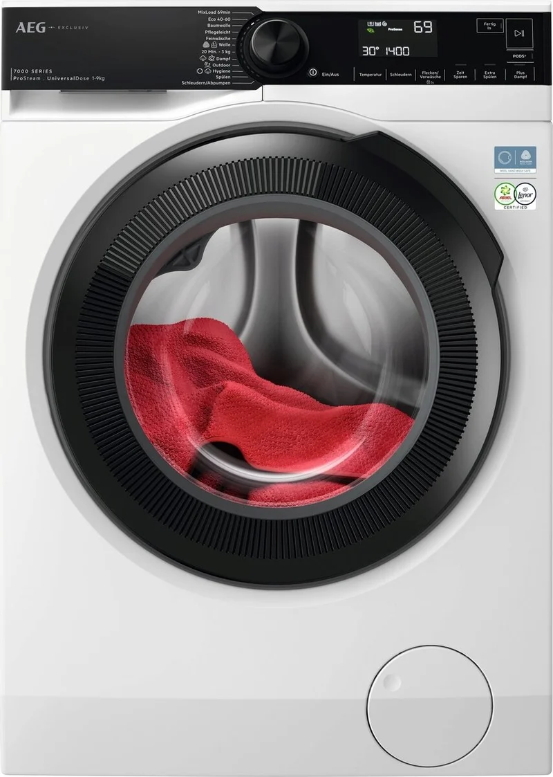 AEG LR7E75499 Waschmaschine / Serie 7000 ProSteam® / UniversalDose Schublade / 9,0 kg / Leise / Mengenautomatik / Nachlegefunktion / Wasserstopp / 1400 U/min