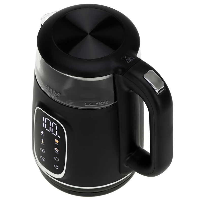 Adler AD 1305bs Wasserkocher Glas, LED-Anzeige, Temperaturreglung, 1,7L schwarz/silber 2200W