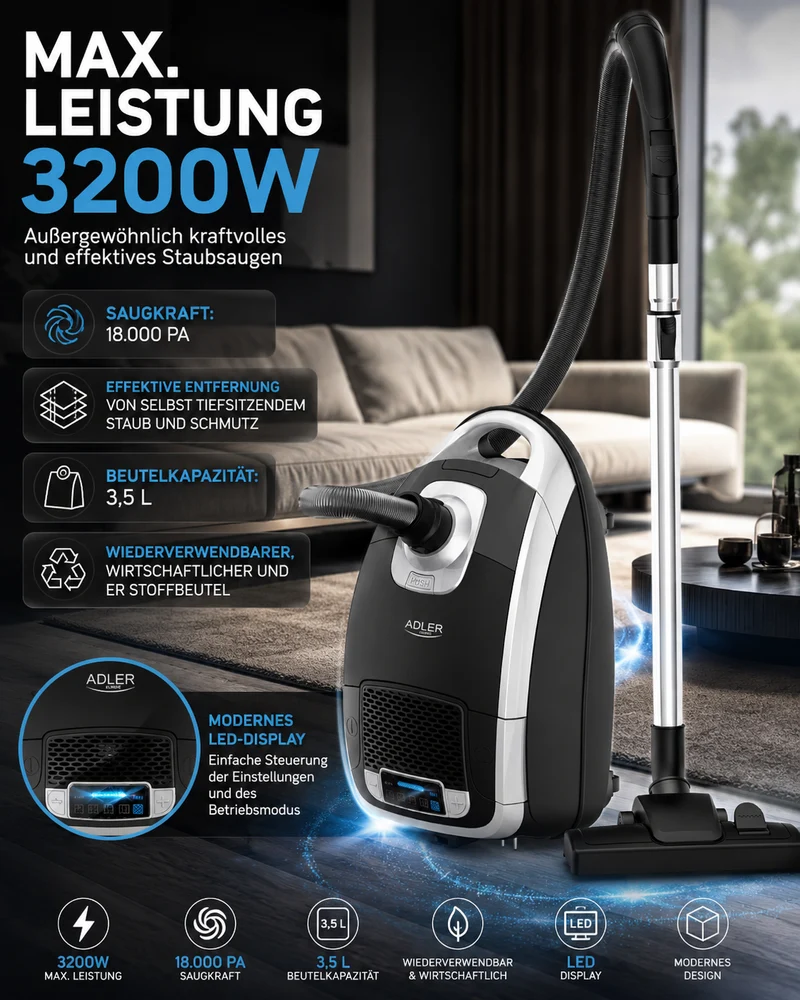 Adler AD 7069 digital gesteuerter Beutelstaubsauger 3200W