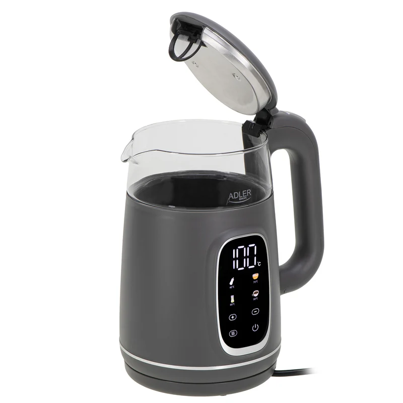 Adler AD 1305gs Wasserkocher Glas, LED-Anzeige, Temperaturreglung, 1,7L grau/silber 2200W