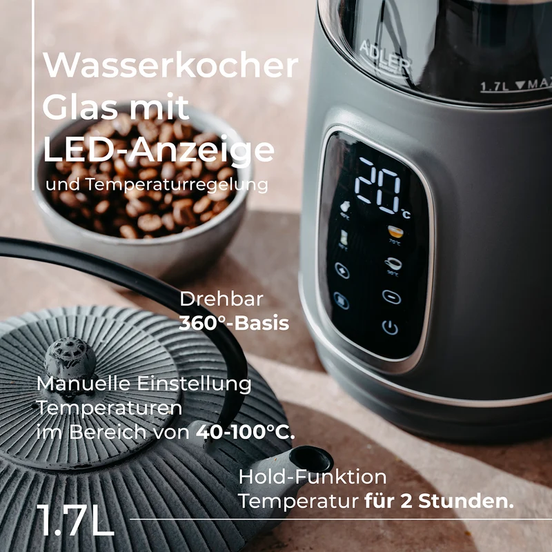 Adler AD 1305gs Wasserkocher Glas, LED-Anzeige, Temperaturreglung, 1,7L grau/silber 2200W