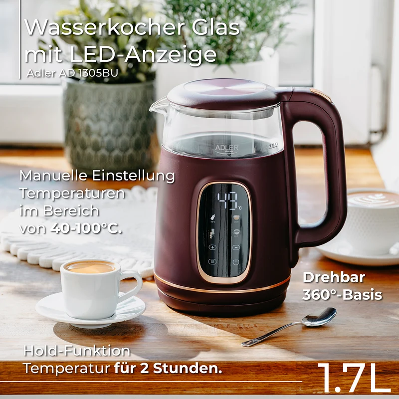 Adler AD 1305bu Wasserkocher Glas, LED-Anzeige, Temperaturreglung, 1,7L burgund/gold 2200W