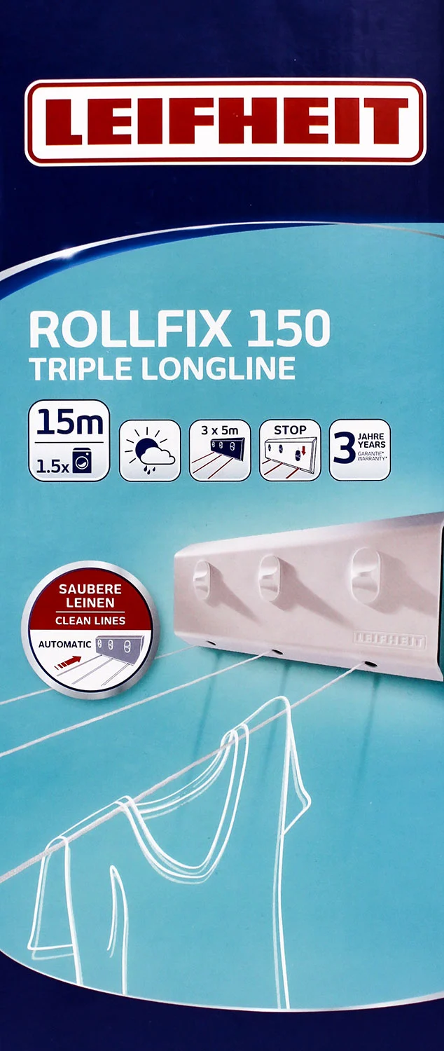 Leifheit 83107 Rollfix 150 Triple Longline Wandwäschetrockner 15 m (3 x 5m)