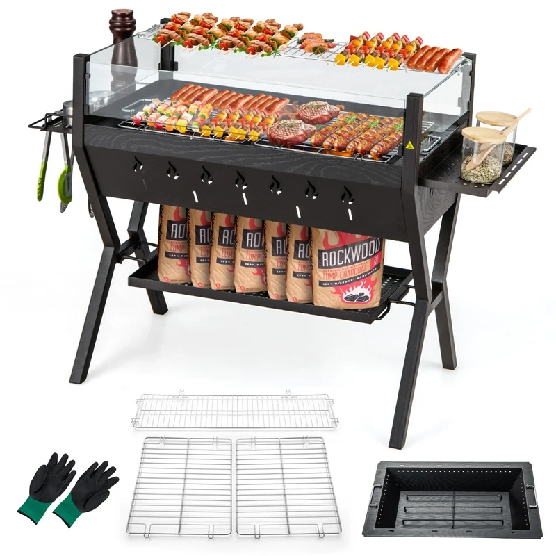 Costway – 3-in-1-Holzkohlegrill und Feuerstelle mit Windschutz, Grill- und Warmhalterost, 98 × 42 × 68 cm, Braun