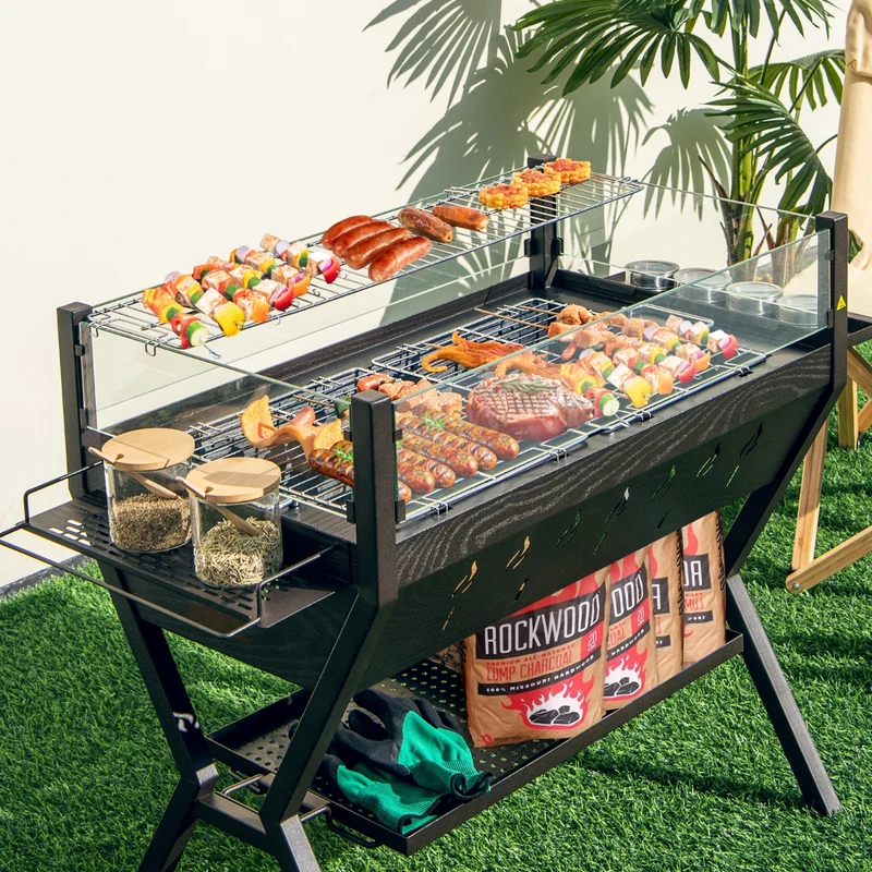 Costway – 3-in-1-Holzkohlegrill und Feuerstelle mit Windschutz, Grill- und Warmhalterost, 98 × 42 × 68 cm, Braun