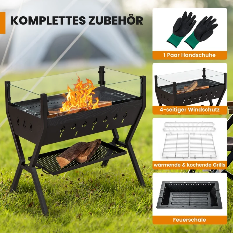Costway – 3-in-1-Holzkohlegrill und Feuerstelle mit Windschutz, Grill- und Warmhalterost, 98 × 42 × 68 cm, Braun