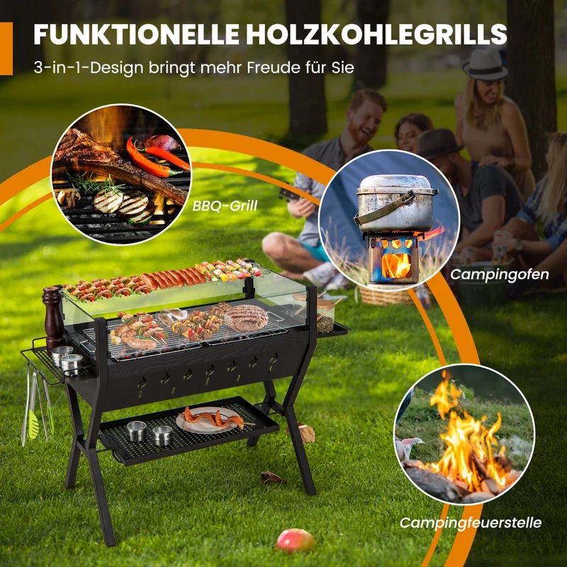 Costway – 3-in-1-Holzkohlegrill und Feuerstelle mit Windschutz, Grill- und Warmhalterost, 98 × 42 × 68 cm, Braun