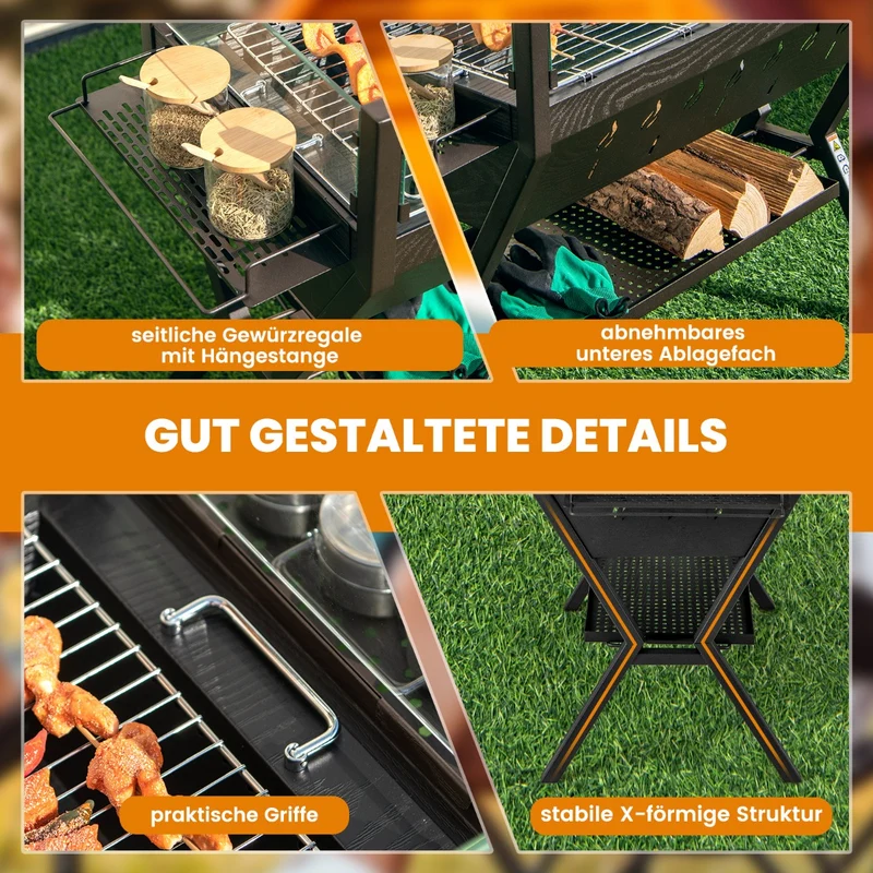 Costway – 3-in-1-Holzkohlegrill und Feuerstelle mit Windschutz, Grill- und Warmhalterost, 98 × 42 × 68 cm, Braun