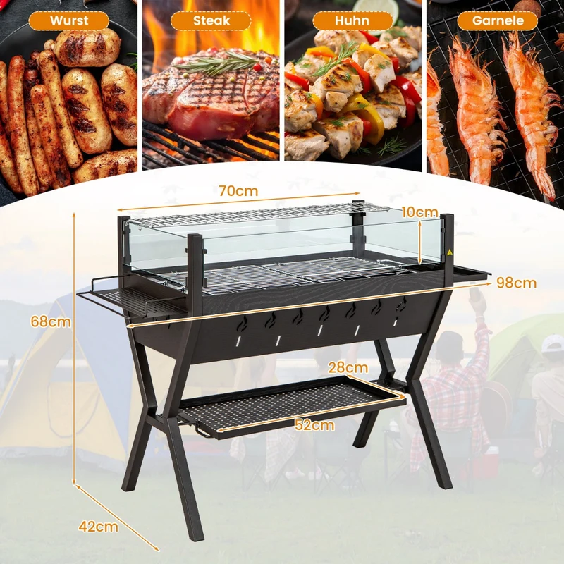 Costway – 3-in-1-Holzkohlegrill und Feuerstelle mit Windschutz, Grill- und Warmhalterost, 98 × 42 × 68 cm, Braun