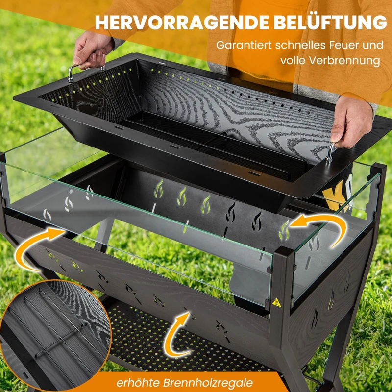Costway – 3-in-1-Holzkohlegrill und Feuerstelle mit Windschutz, Grill- und Warmhalterost, 98 × 42 × 68 cm, Braun