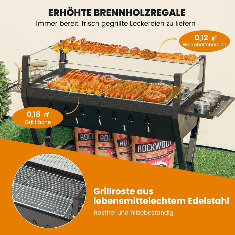 Costway – 3-in-1-Holzkohlegrill und Feuerstelle mit Windschutz, Grill- und Warmhalterost, 98 × 42 × 68 cm, Braun