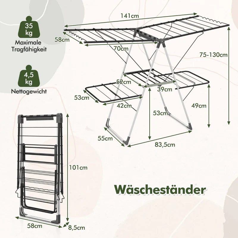Costway - Wäscheständer Klappbar, 2-stöckiger, mit 33 Stäben, Höhenverstellbaren Flügeln, Wäscheständer Platzsparend, 5-fach höhenverstellbares