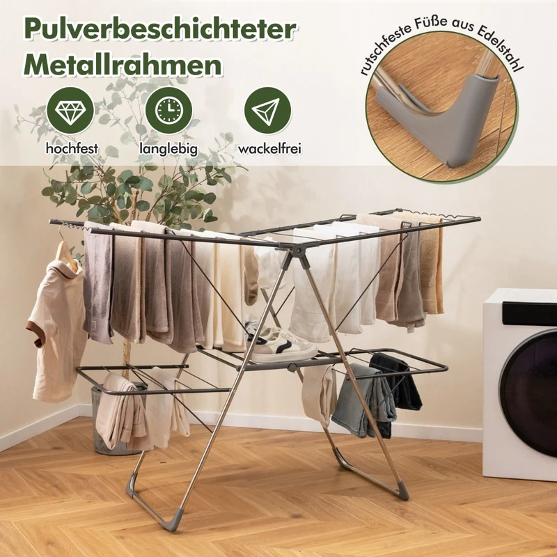 Costway - Wäscheständer Klappbar, 2-stöckiger, mit 33 Stäben, Höhenverstellbaren Flügeln, Wäscheständer Platzsparend, 5-fach höhenverstellbares
