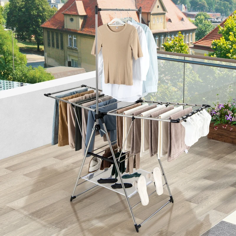 Costway – Klappbarer 3-stufiger Wäscheständer mit höhenverstellbaren Flügeln, Clips und 4 Schuhhaltern, bis 36 kg