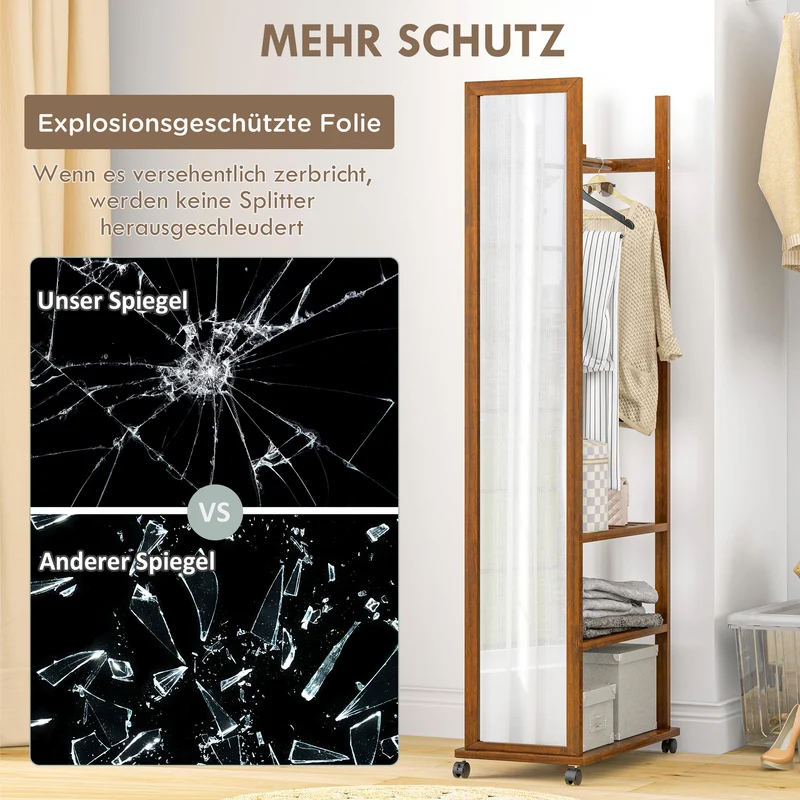 HOMCOM – Standspiegel mit Garderobe, Kleiderstange, 3 Ablagen und Rollen, Kiefernholz, Walnuss