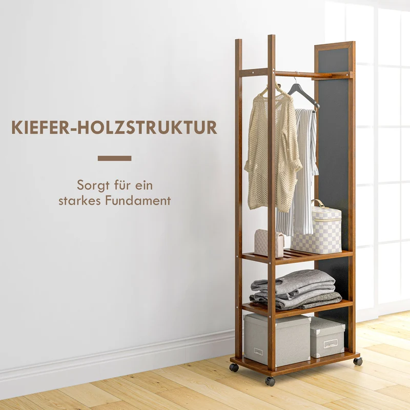 HOMCOM – Standspiegel mit Garderobe, Kleiderstange, 3 Ablagen und Rollen, Kiefernholz, Walnuss