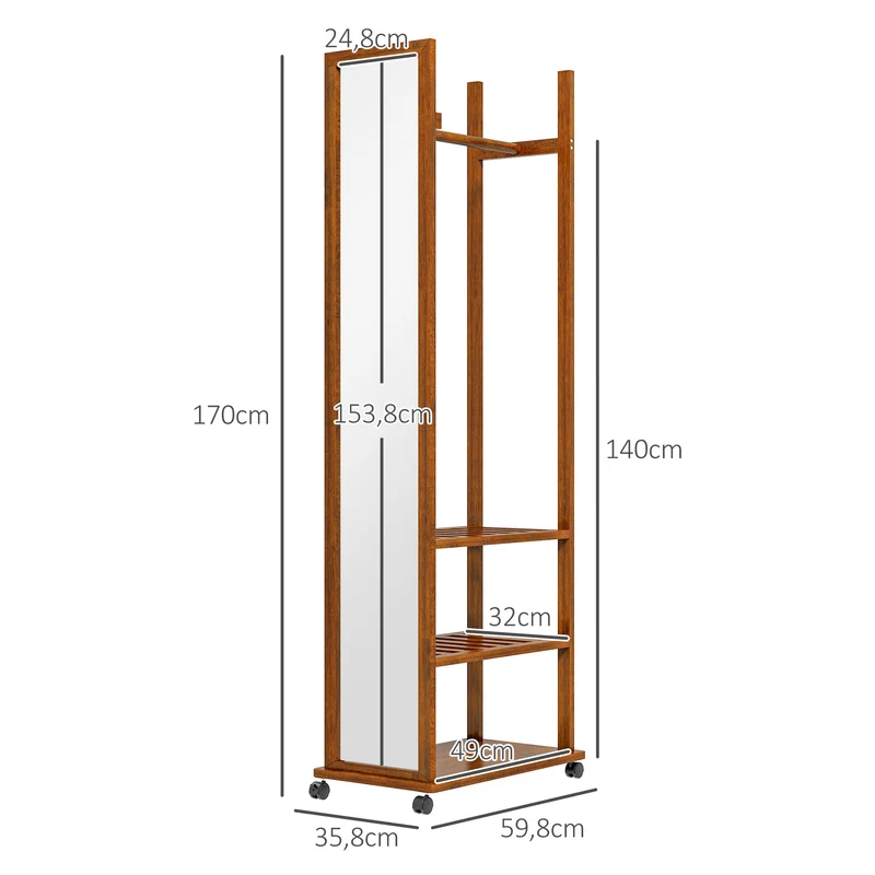 HOMCOM – Standspiegel mit Garderobe, Kleiderstange, 3 Ablagen und Rollen, Kiefernholz, Walnuss