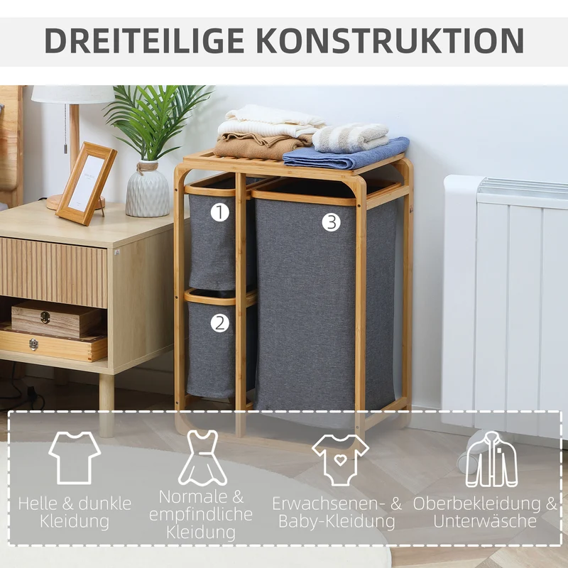 HOMCOM - Wäschekorb 3 Fächer, Wäschekorb mit Ablage, Wäschesammler, Wäschebehälter, mit Plattform Bambus, Wäschesäcken, Wäschesortierer, Grau Natur