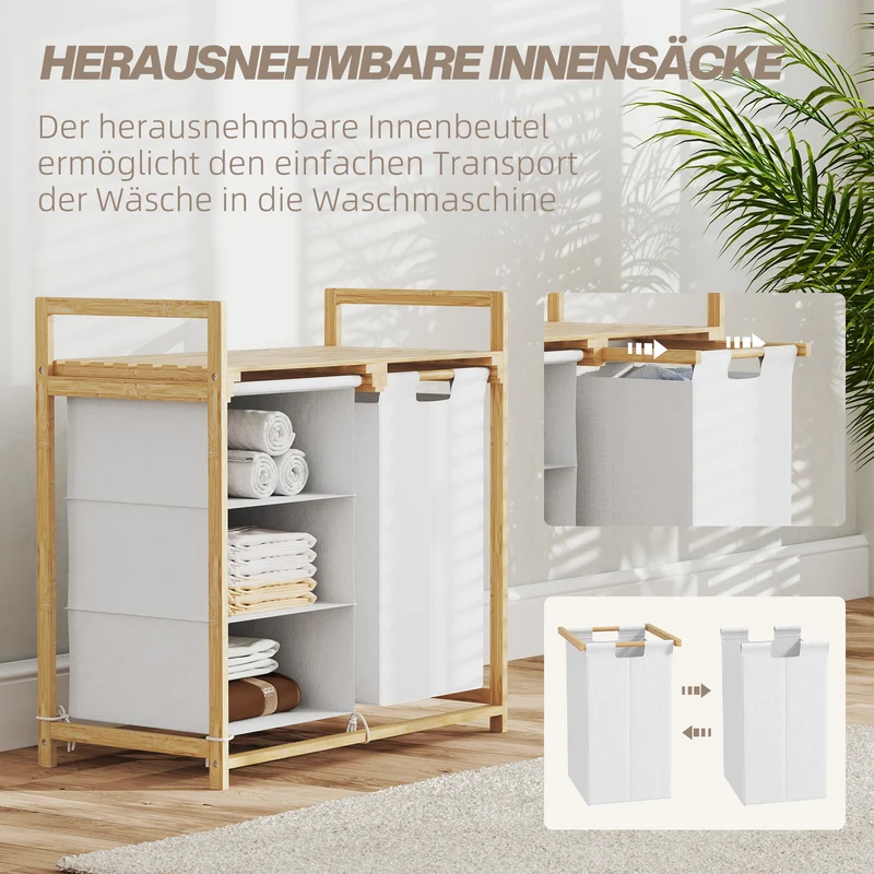 HOMCOM - Wäschekorb, Wäschekorb mit Ablage, Wäschesammler, 83L - 4 Fächer, Wäschebox, Badezimmer Regal, mit offene Ablagen, Bambus, Weiß
