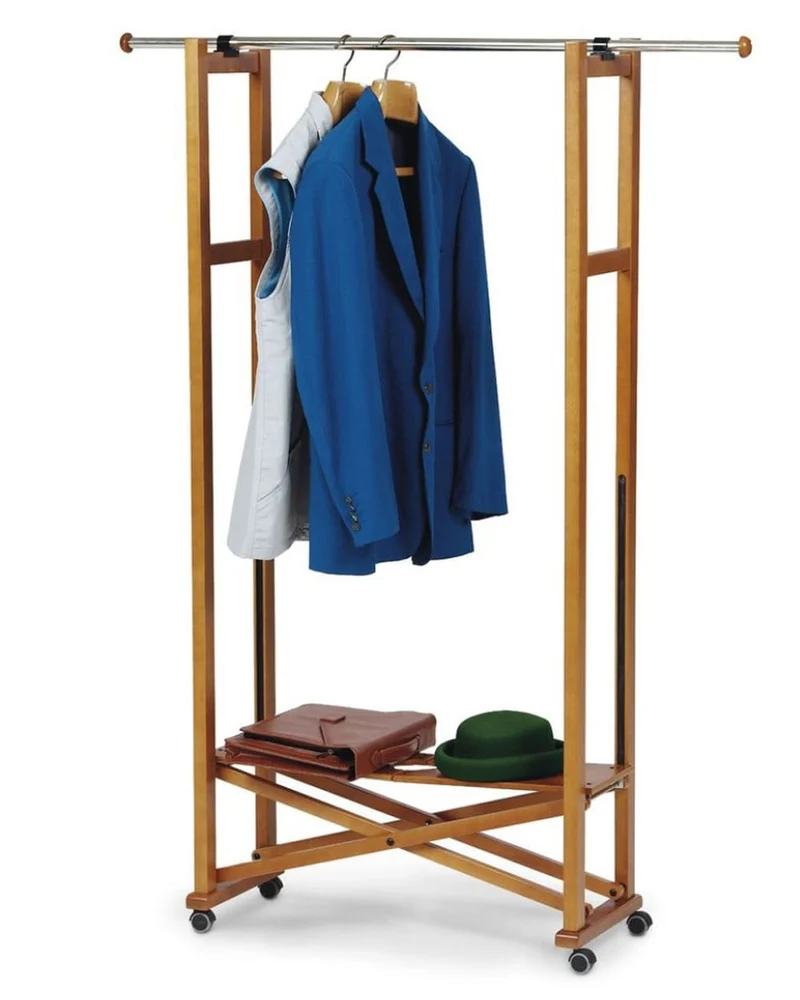 ARIT Elios – Kleiderständer aus Buchenholz auf Rollen, klappbar, ausziehbare Kleiderstange 78–140 cm, Kirschbaumfarbe, Made in Italy