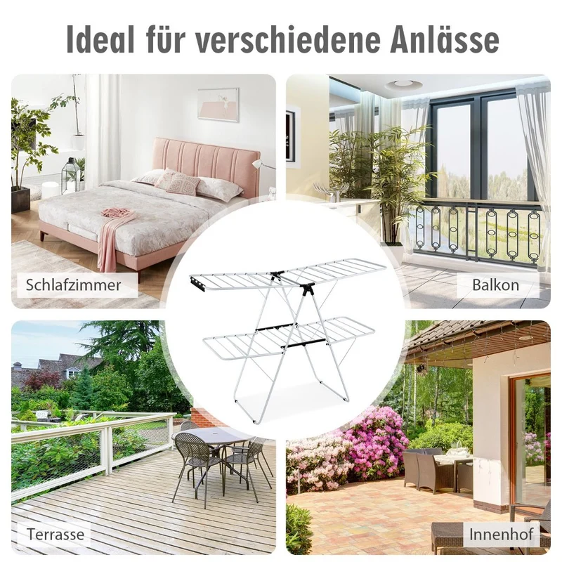Costway - Wäscheständer Klappbar, 2-Stufiger, Wäscheständer Platzsparend, mit Höhenverstellbaren Flügeln, 154x55,5x112 cm, Wäscheständer Balkon, Weiß