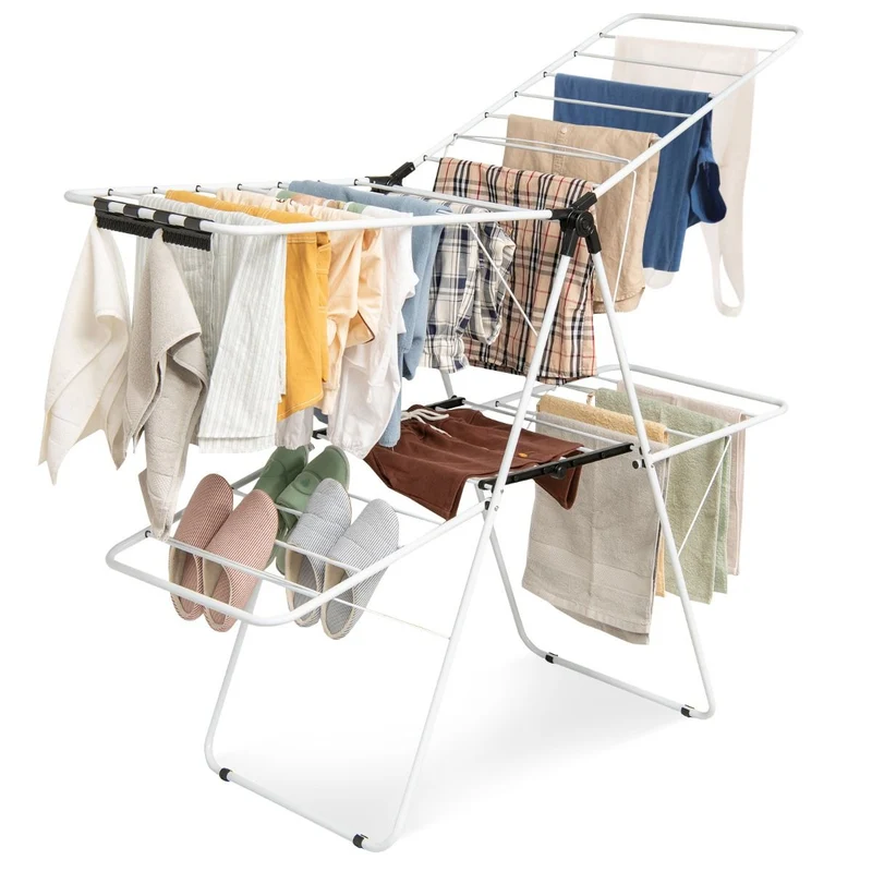 Costway - Wäscheständer Klappbar, 2-Stufiger, Wäscheständer Platzsparend, mit Höhenverstellbaren Flügeln, 154x55,5x112 cm, Wäscheständer Balkon, Weiß