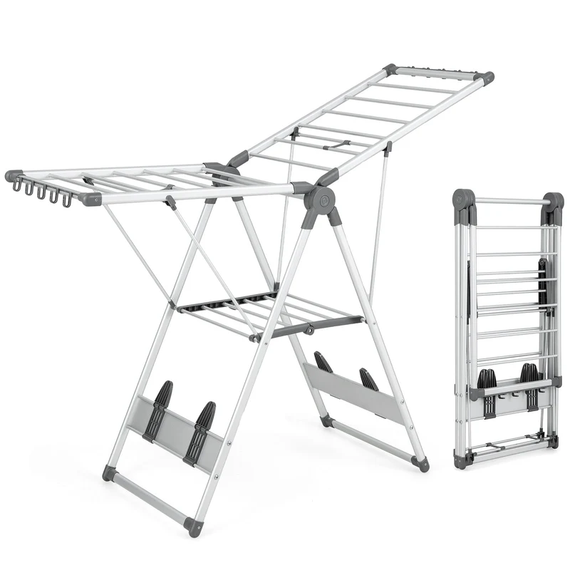 Costway - Wäscheständer Klappbar, mit 5-stufiger Höhenverstellung, Wäscheständer Platzsparend, 21 Wäschestangen, 10 Seitenklammern, Silber