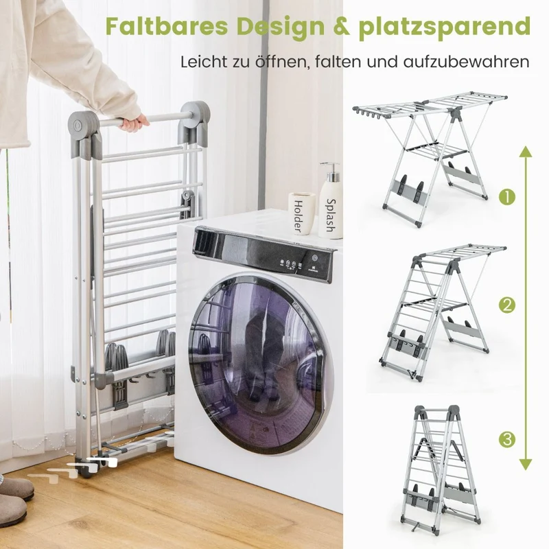 Costway - Wäscheständer Klappbar, mit 5-stufiger Höhenverstellung, Wäscheständer Platzsparend, 21 Wäschestangen, 10 Seitenklammern, Silber