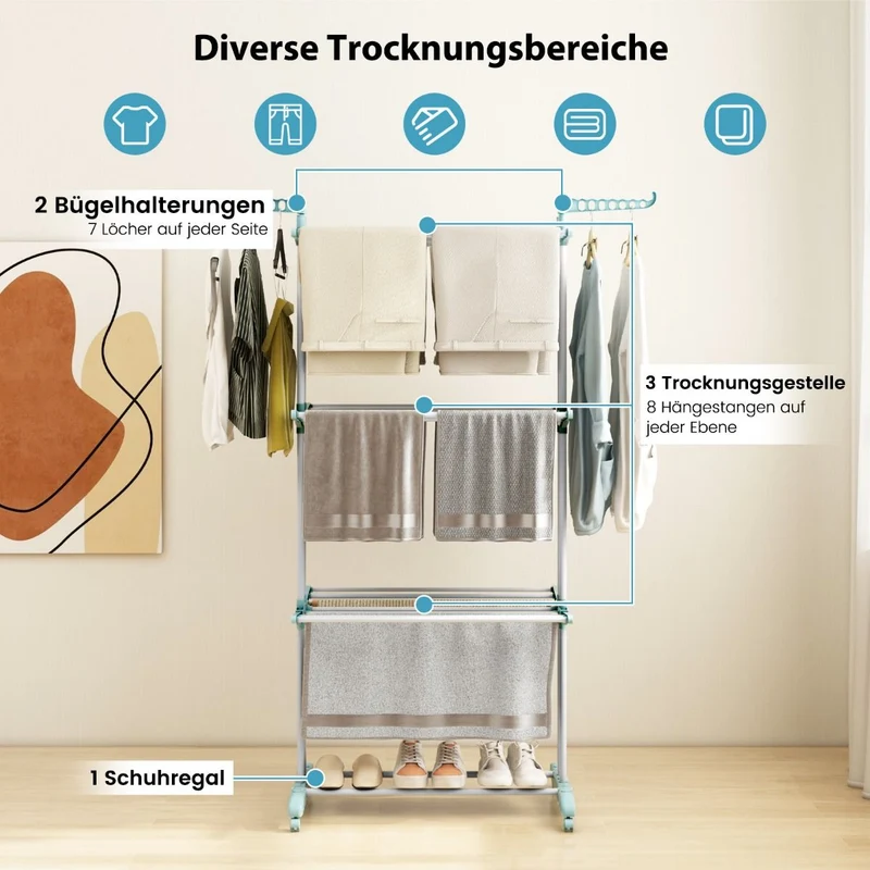 Costway – Klappbarer Turmwäscheständer mit 4 Ebenen, drehbaren Seitenflügeln und Rollen, 127 × 63 × 171 cm, Blau.