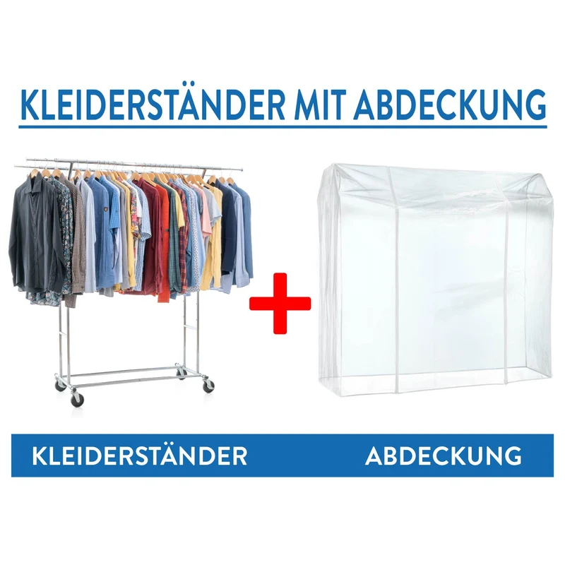 Tatkraft Denver & Safe – Schwerlast-Kleiderständer mit Schutzhülle, bis 110 kg, 2 Kleiderstangen, Falschrank Stabil auf Rollen, 129–169×55×148–172 cm