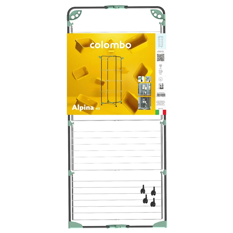 Colombo Alpina 40 – Klappbarer Turmwäscheständer auf Rollen, 40 m Trockenlänge, 68 × 68 × 160 cm, Made in Italy